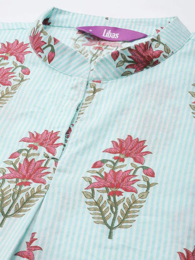 Blue Printed Cotton Kurta Set - Libas
