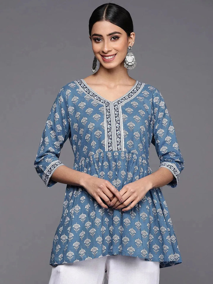 Blue Printed Cotton A-Line Kurti - Libas