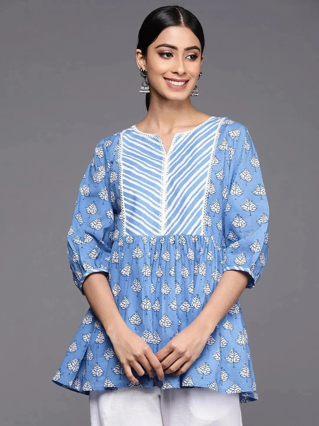 Blue Printed Cotton A-Line Kurti - Libas