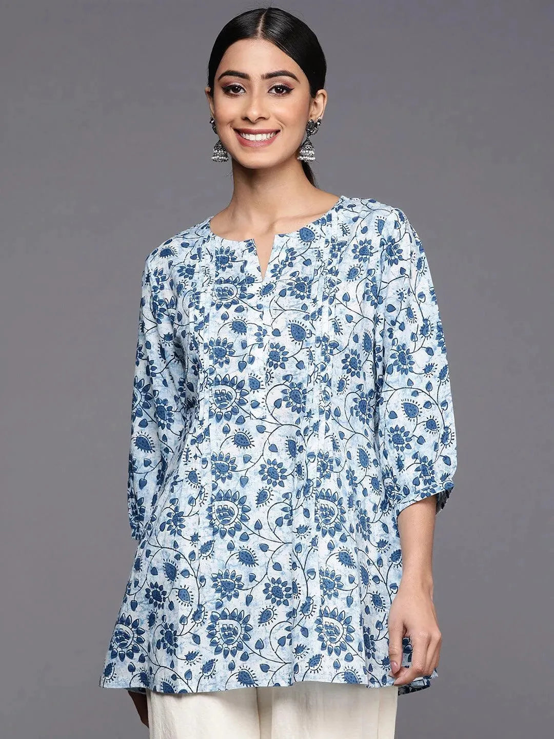 Blue Printed Cotton A-Line Kurti - Libas