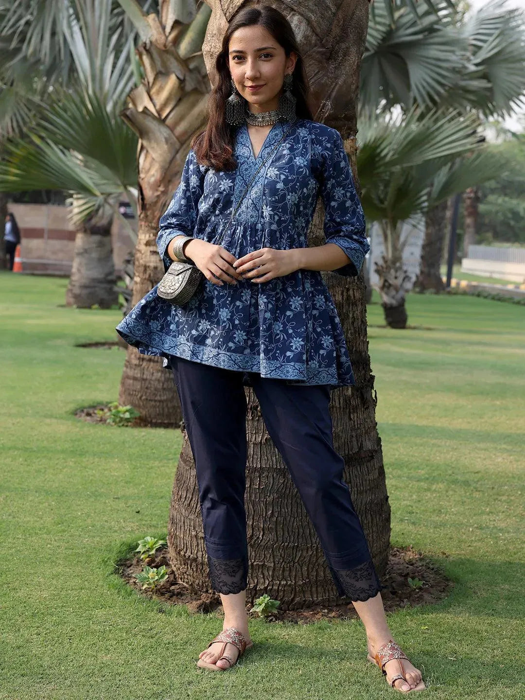 Blue Printed Cotton A-Line Kurti - Libas