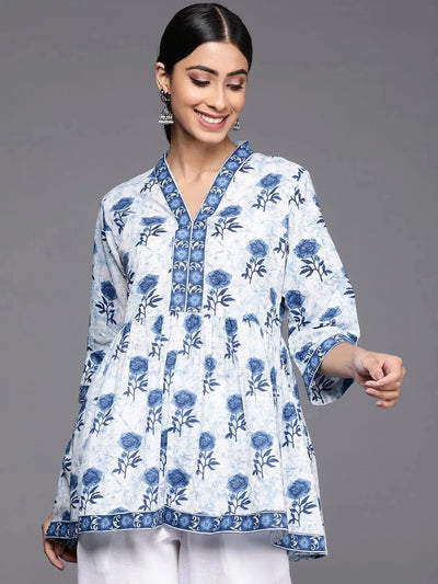 Blue Printed Cotton A-Line Kurti - Libas