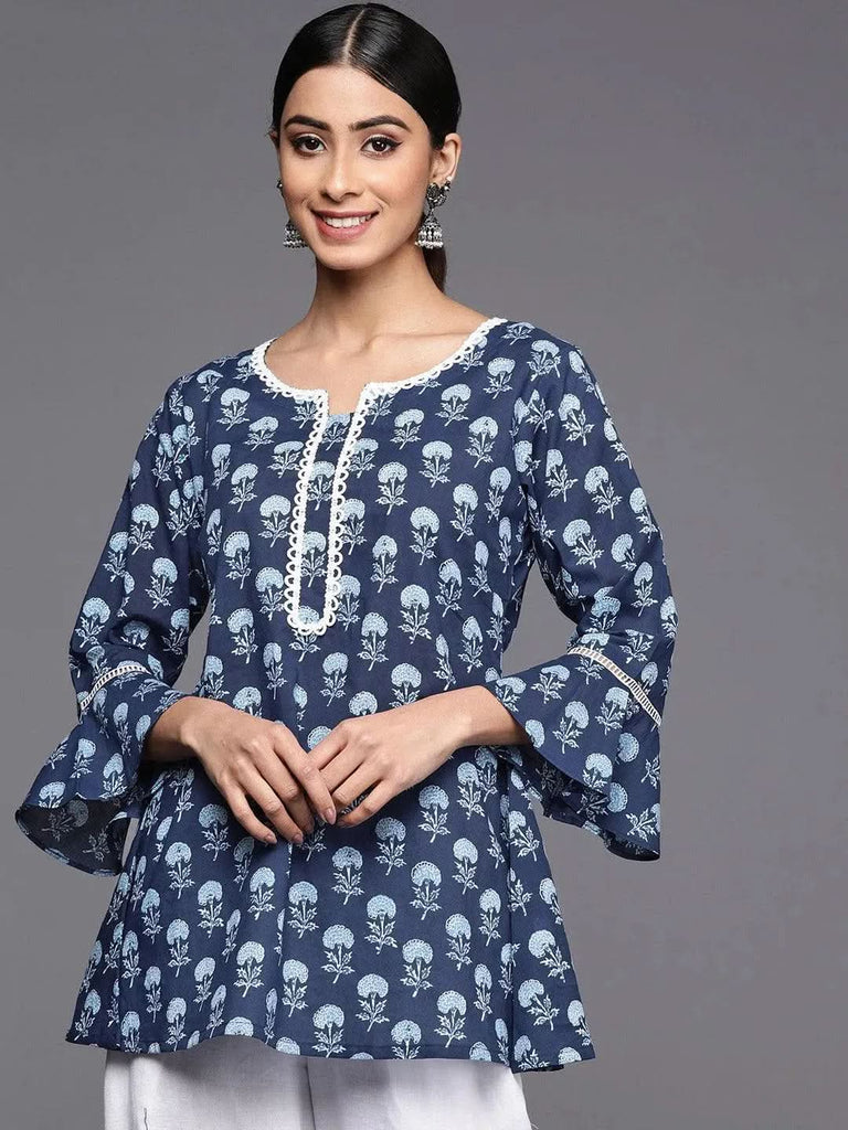 Libas Blue Printed Cotton A-Line Kurti