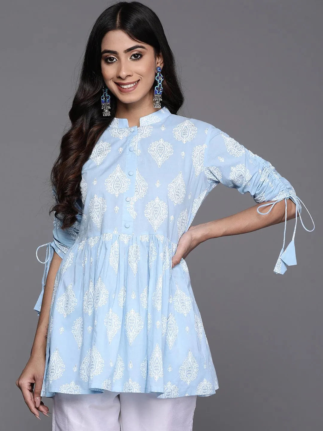 Blue Printed Cotton A-Line Kurti - Libas 