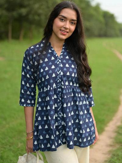 Blue Printed Cotton A-Line Kurti - Libas