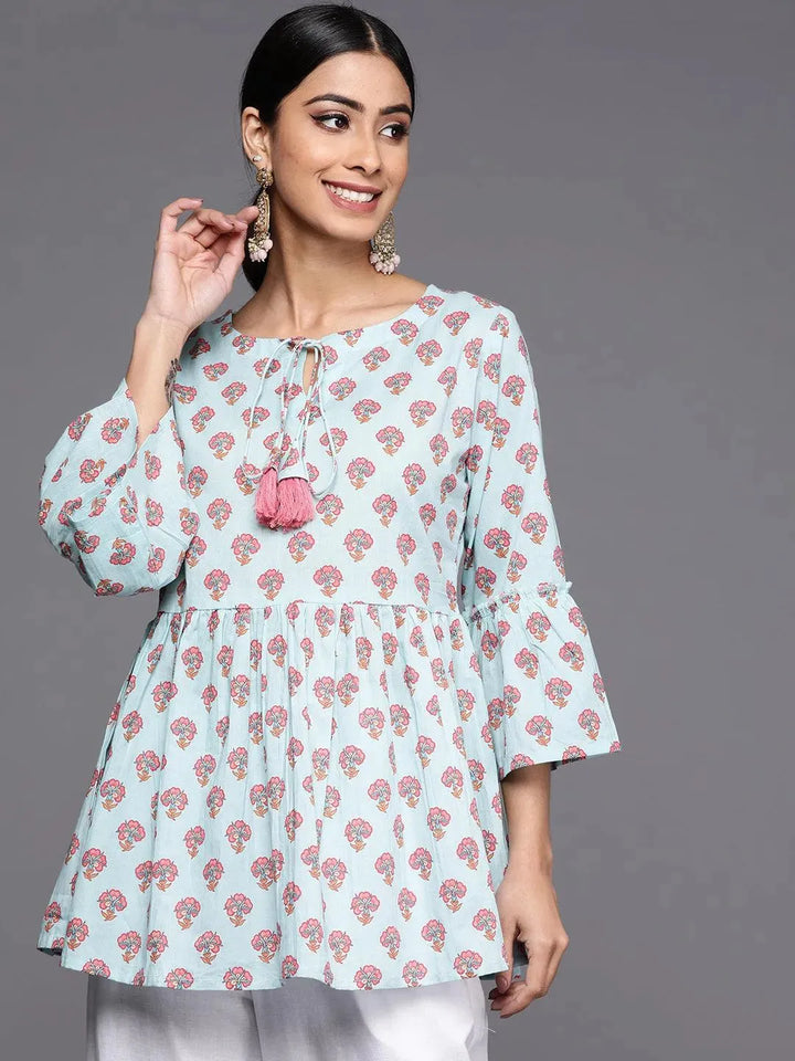 Blue Printed Cotton A-Line Kurti - Libas