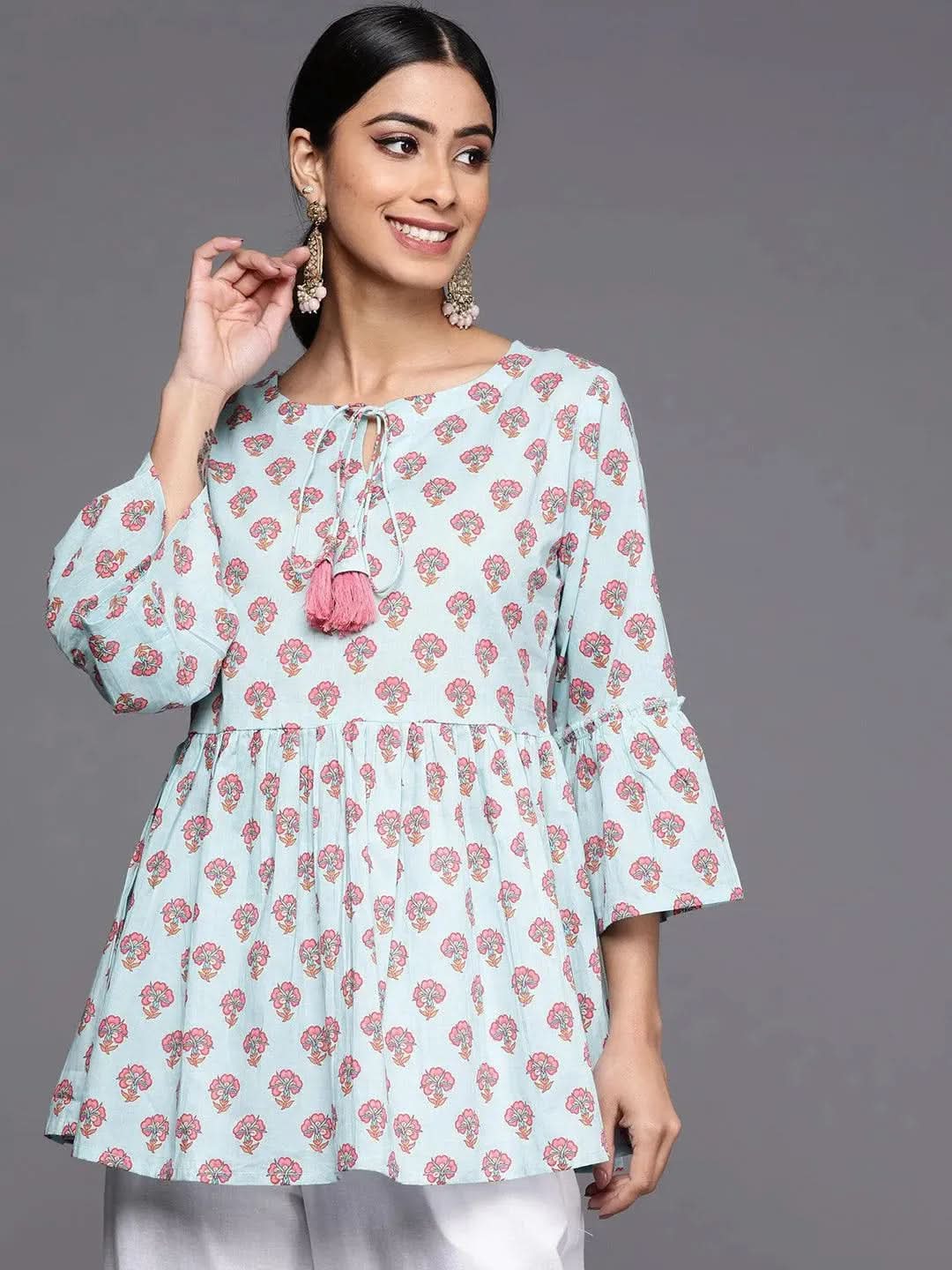 

Blue Printed Cotton A-Line Kurti