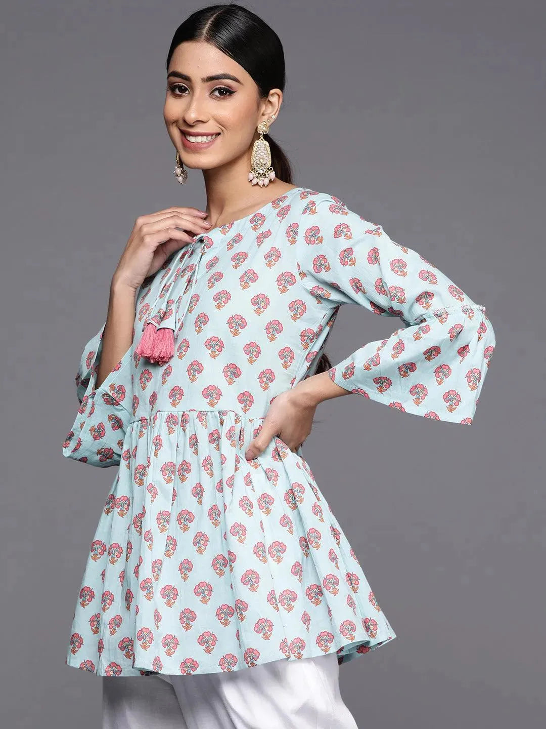 Blue Printed Cotton A-Line Kurti - Libas