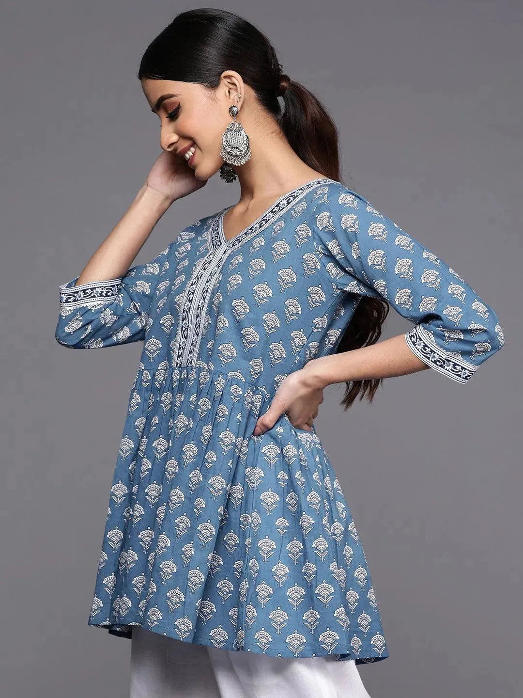 Blue Printed Cotton A-Line Kurti - Libas 