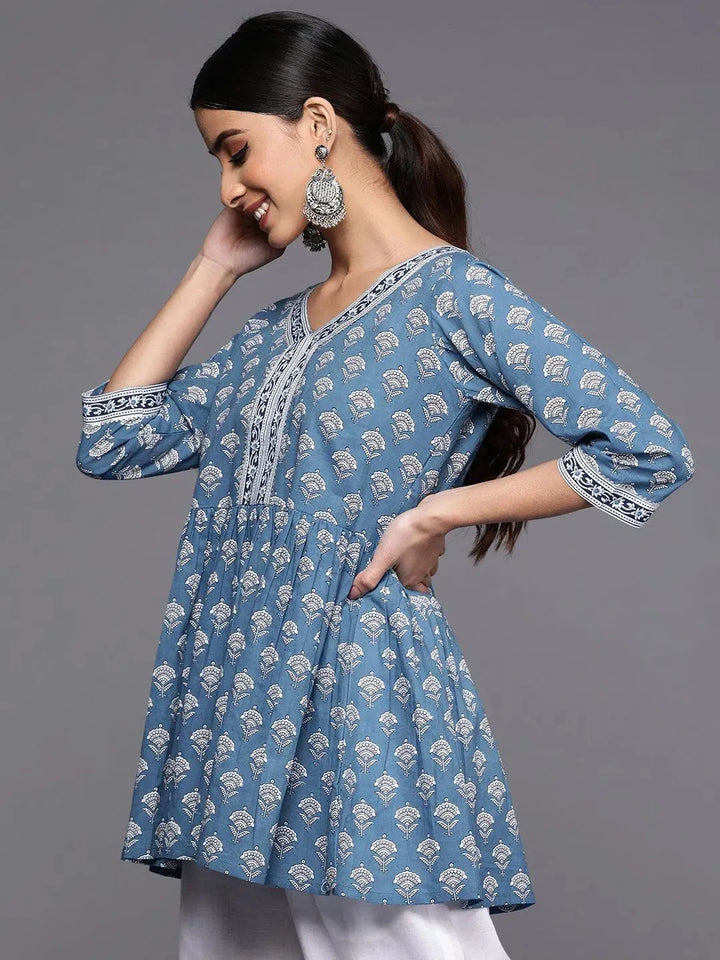 Blue Printed Cotton A-Line Kurti - Libas