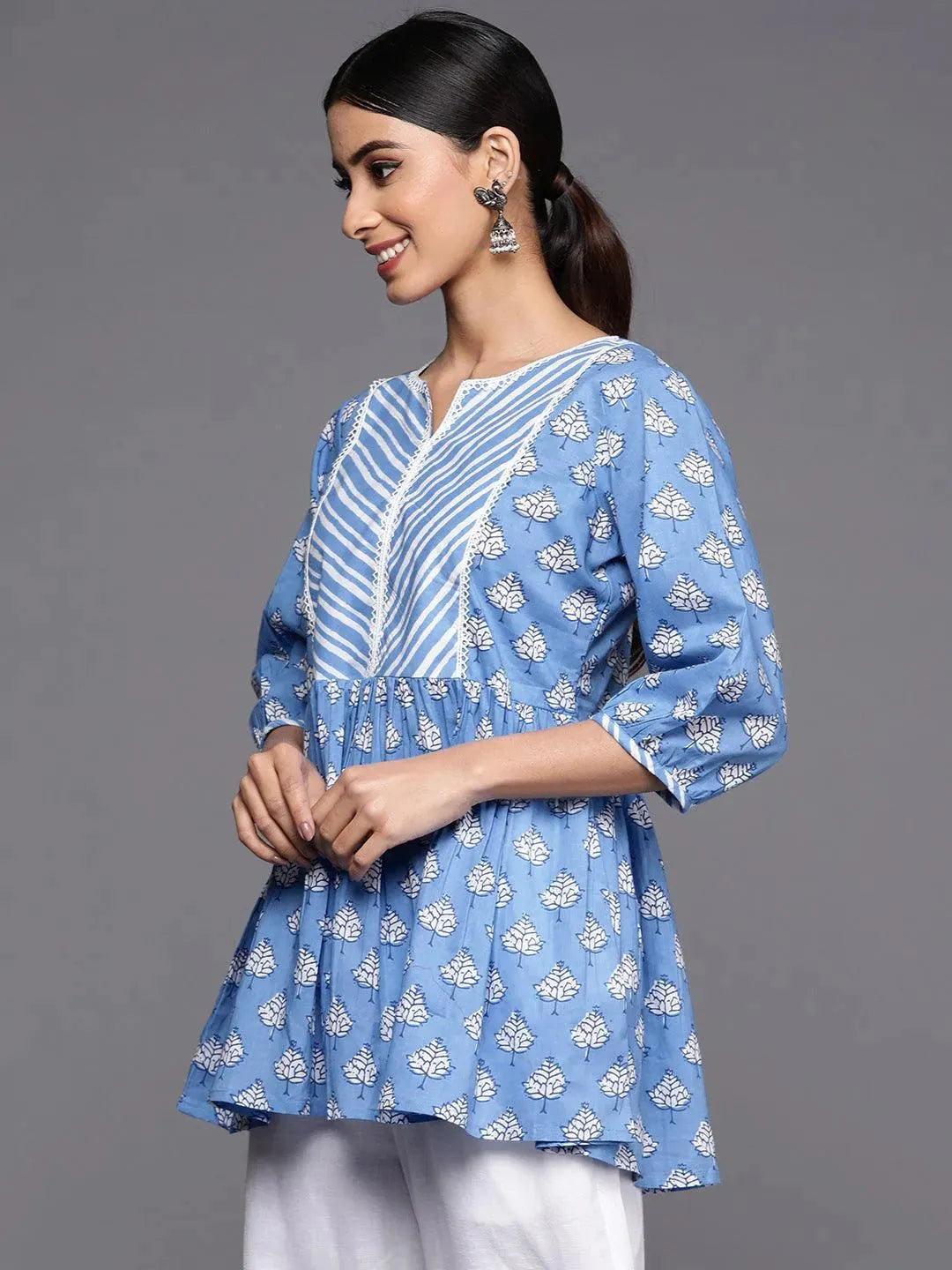 Blue Printed Cotton A-Line Kurti - Libas 