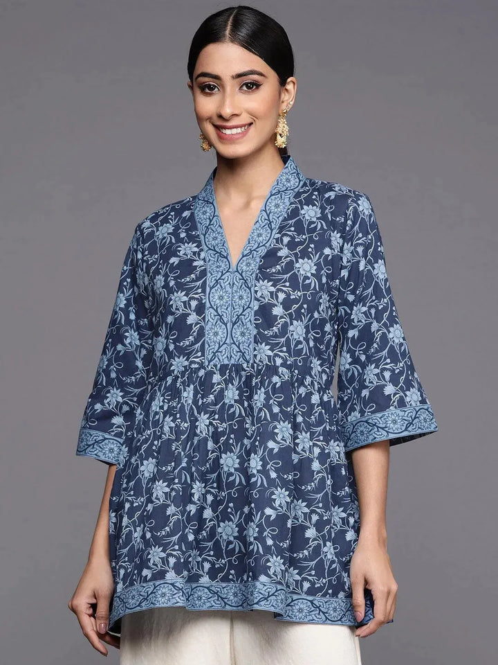 Blue Printed Cotton A-Line Kurti - Libas