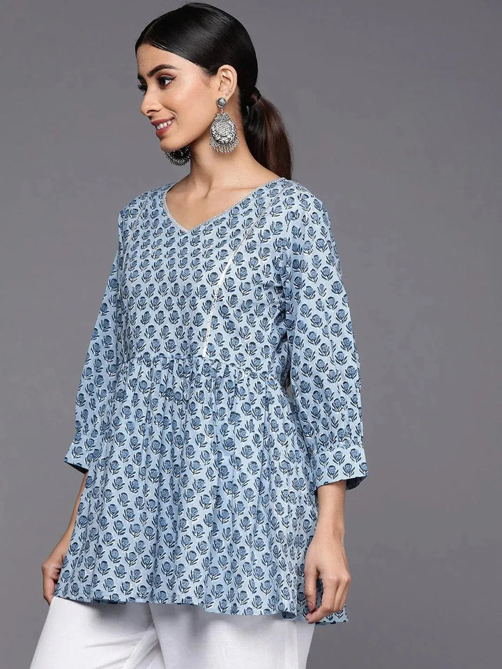 Blue Printed Cotton A-Line Kurti - Libas
