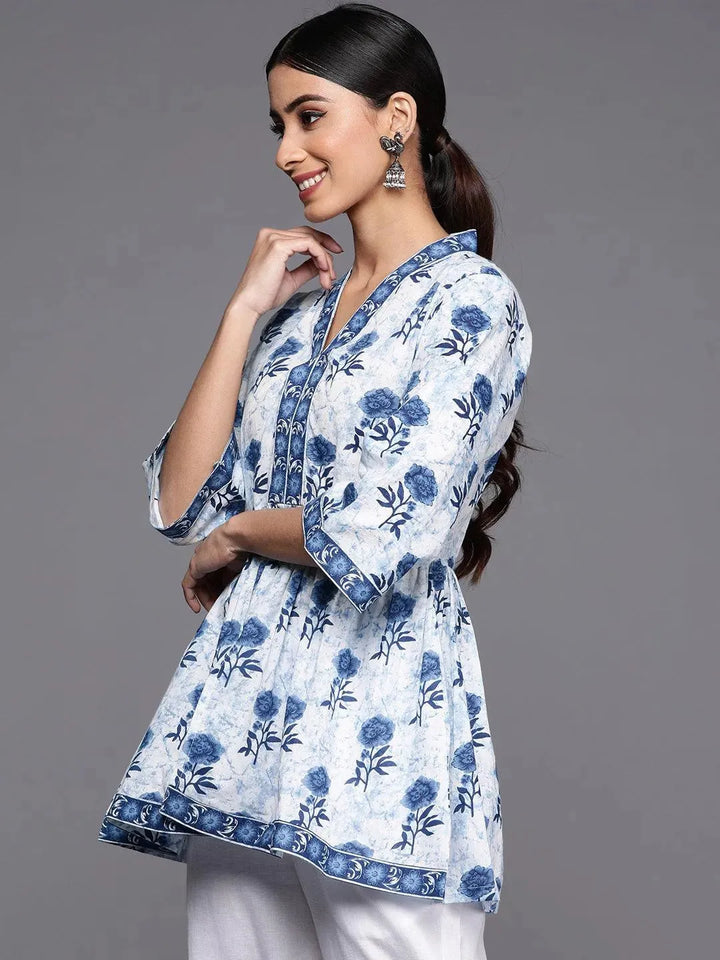 Blue Printed Cotton A-Line Kurti - Libas