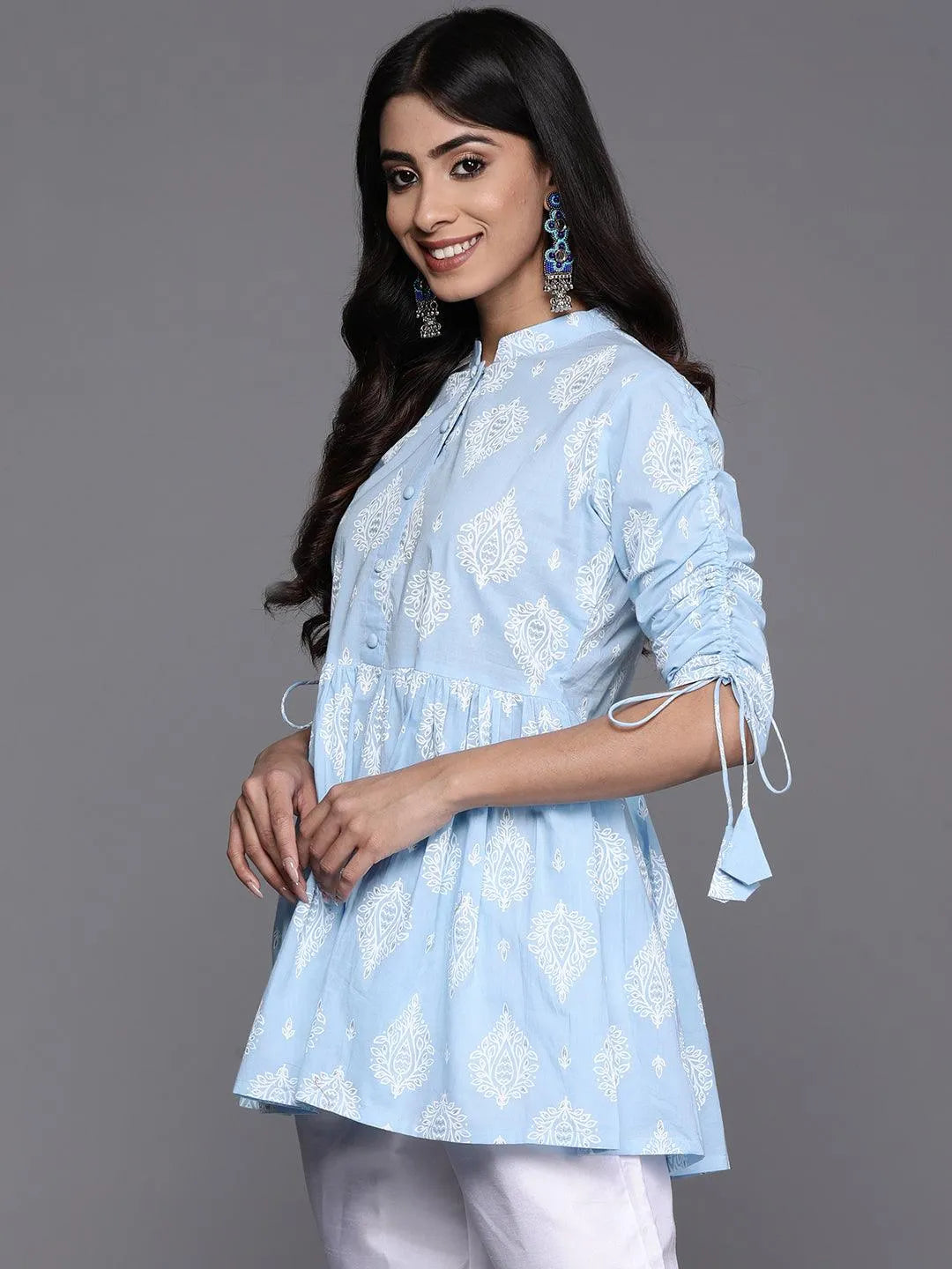 Blue Printed Cotton A-Line Kurti - Libas 