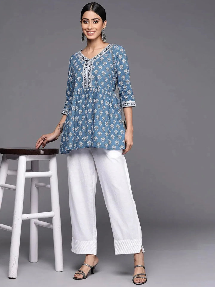 Blue Printed Cotton A-Line Kurti - Libas