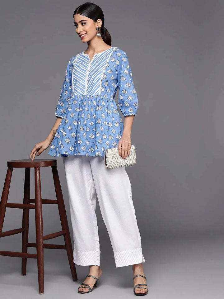 Blue Printed Cotton A-Line Kurti - Libas