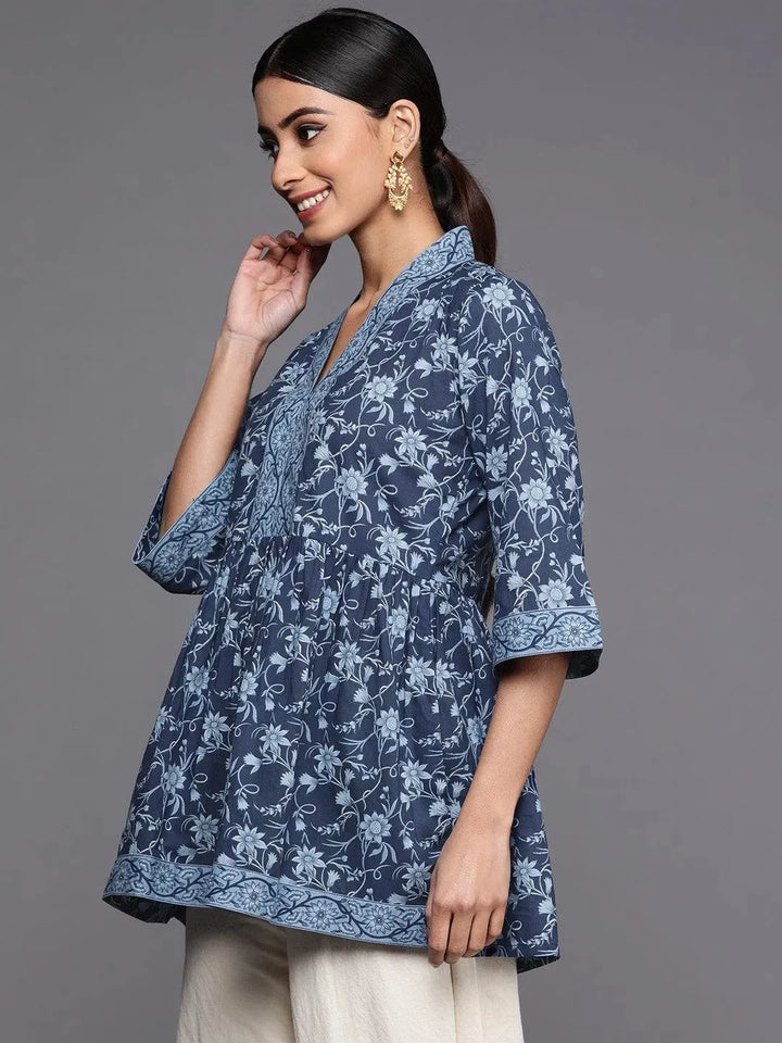 Blue Printed Cotton A-Line Kurti - Libas