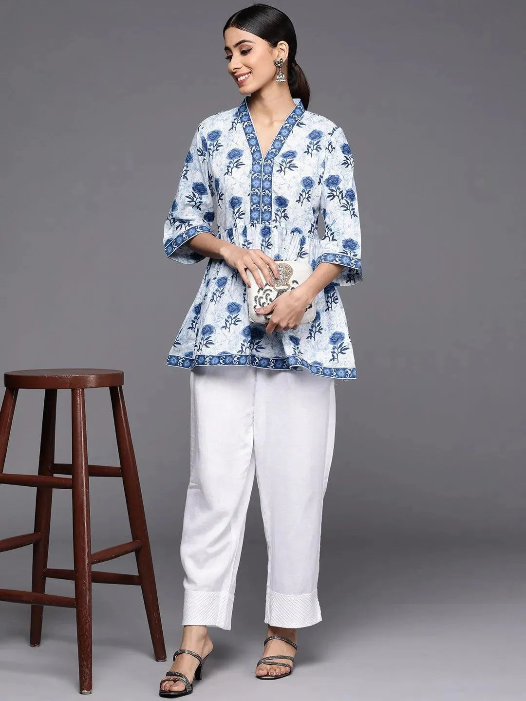 Blue Printed Cotton A-Line Kurti - Libas 