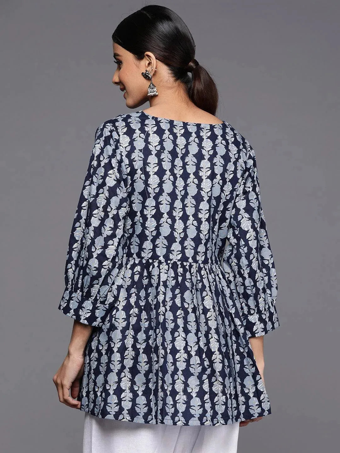 Blue Printed Cotton A-Line Kurti - Libas 