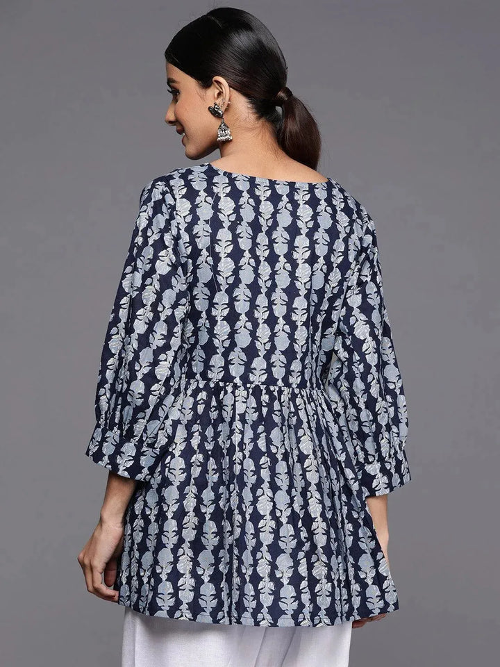 Blue Printed Cotton A-Line Kurti - Libas