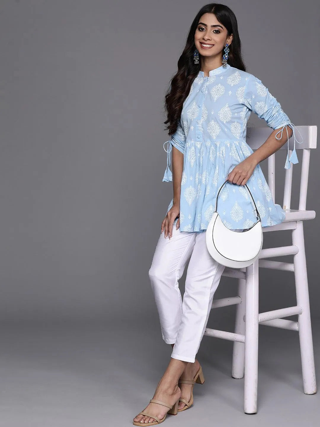 Blue Printed Cotton A-Line Kurti - Libas 