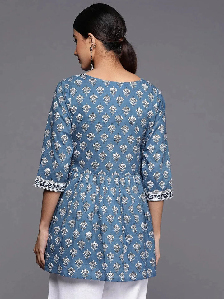 Blue Printed Cotton A-Line Kurti - Libas