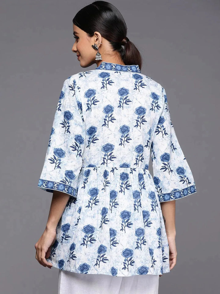 Blue Printed Cotton A-Line Kurti - Libas