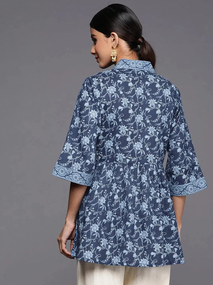 Blue Printed Cotton A-Line Kurti - Libas