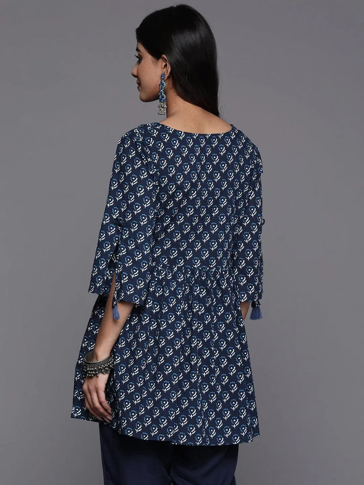 Blue Printed Cotton A-Line Kurti - Libas