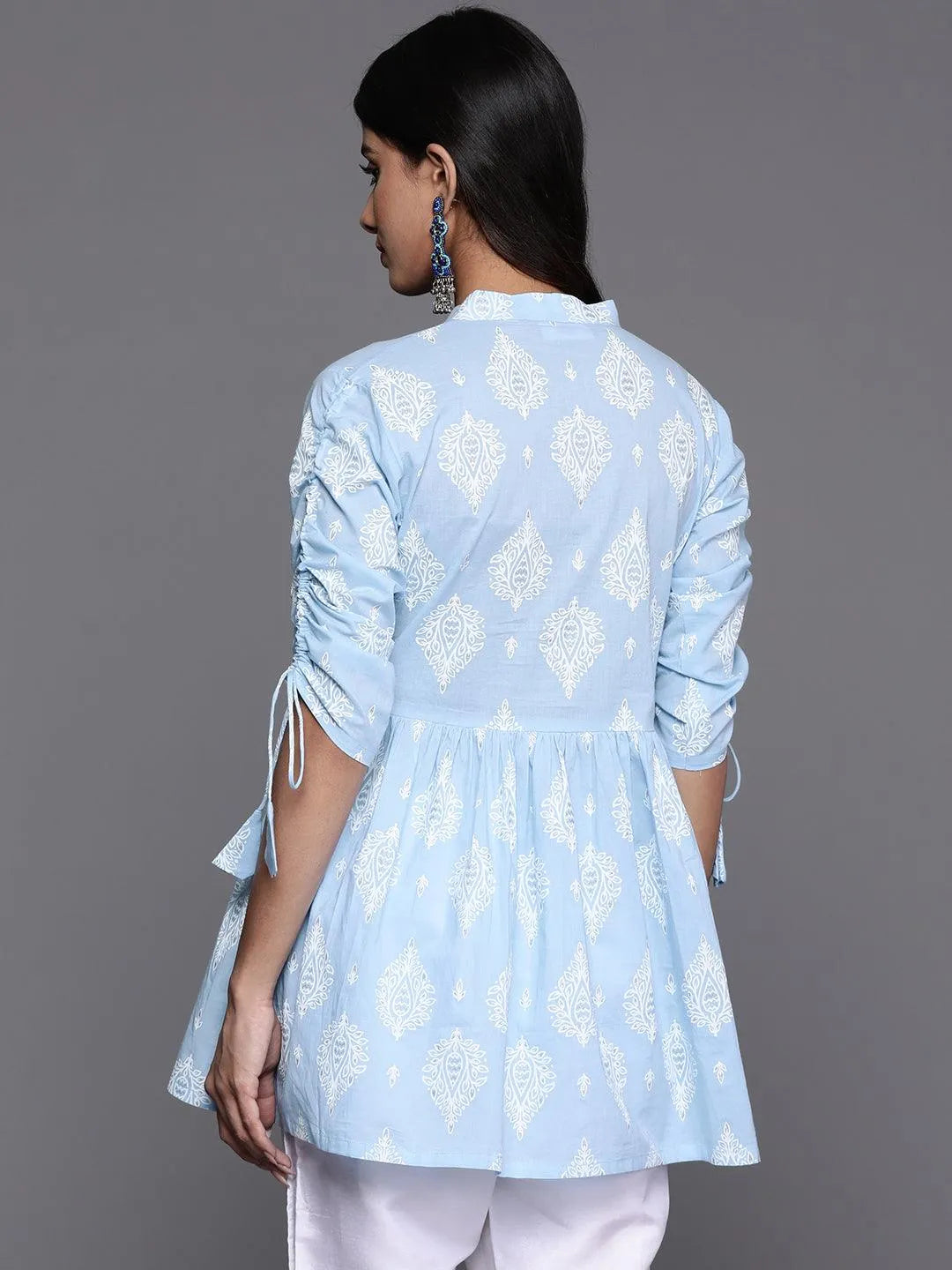 Blue Printed Cotton A-Line Kurti - Libas 