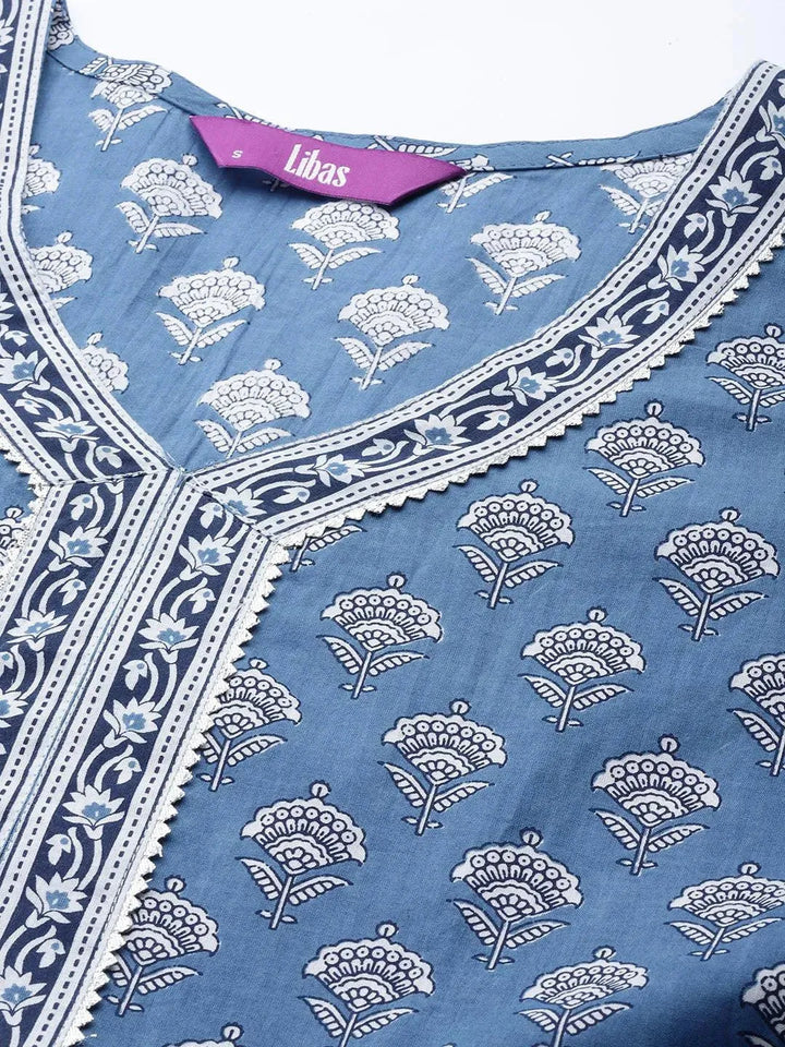 Blue Printed Cotton A-Line Kurti - Libas