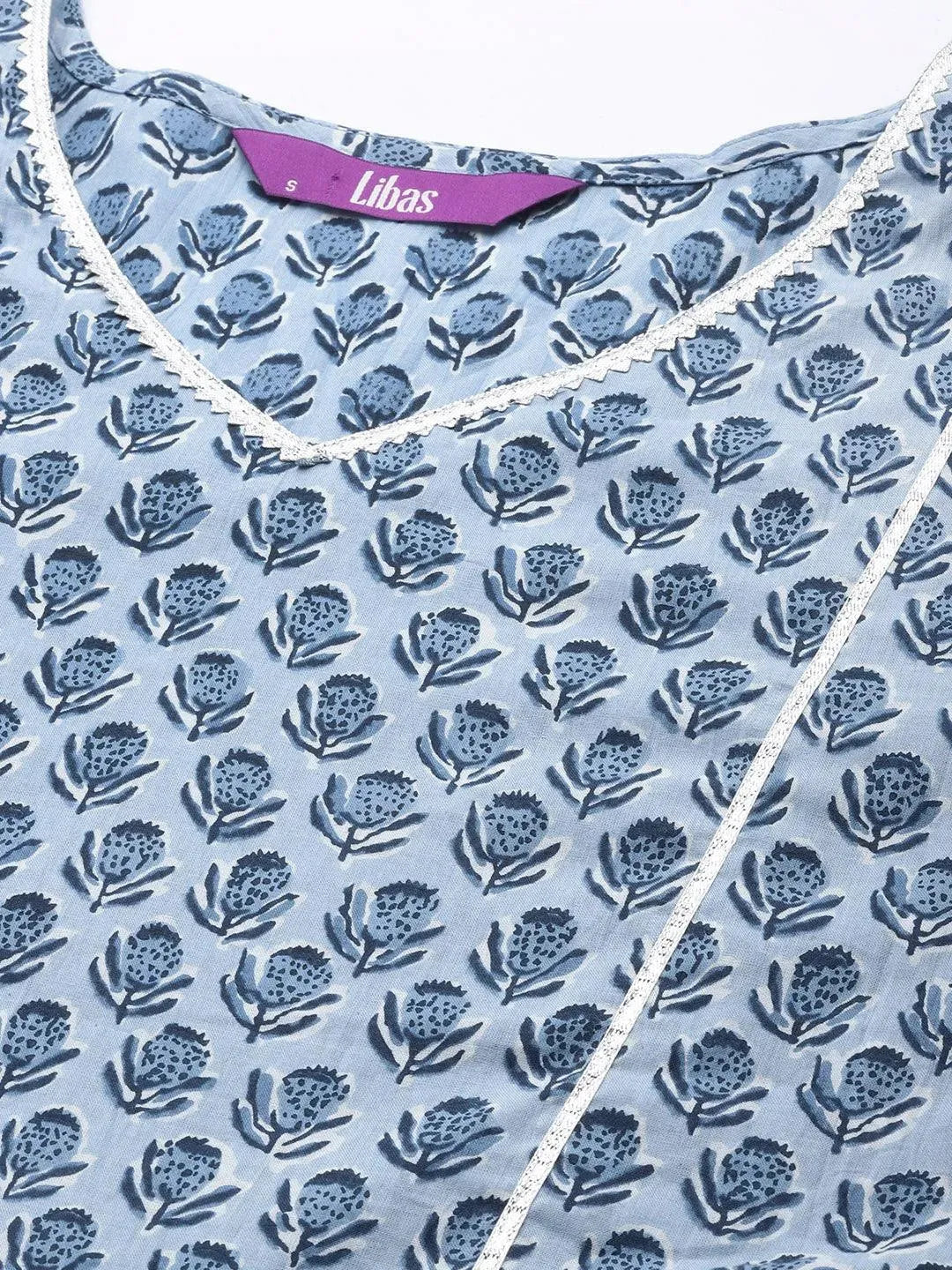 Blue Printed Cotton A-Line Kurti - Libas 