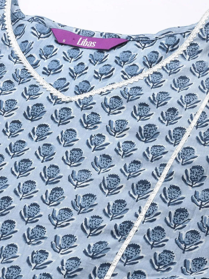 Blue Printed Cotton A-Line Kurti - Libas