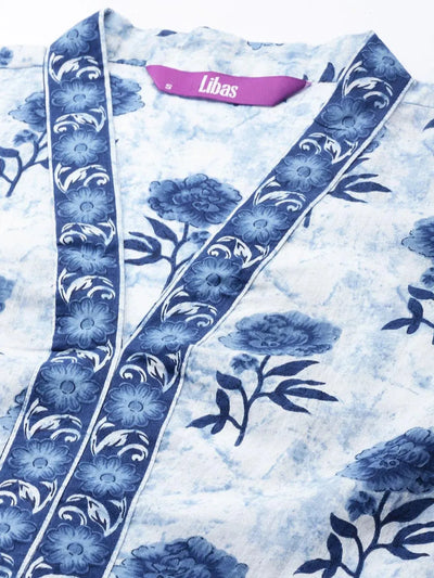 Blue Printed Cotton A-Line Kurti - Libas