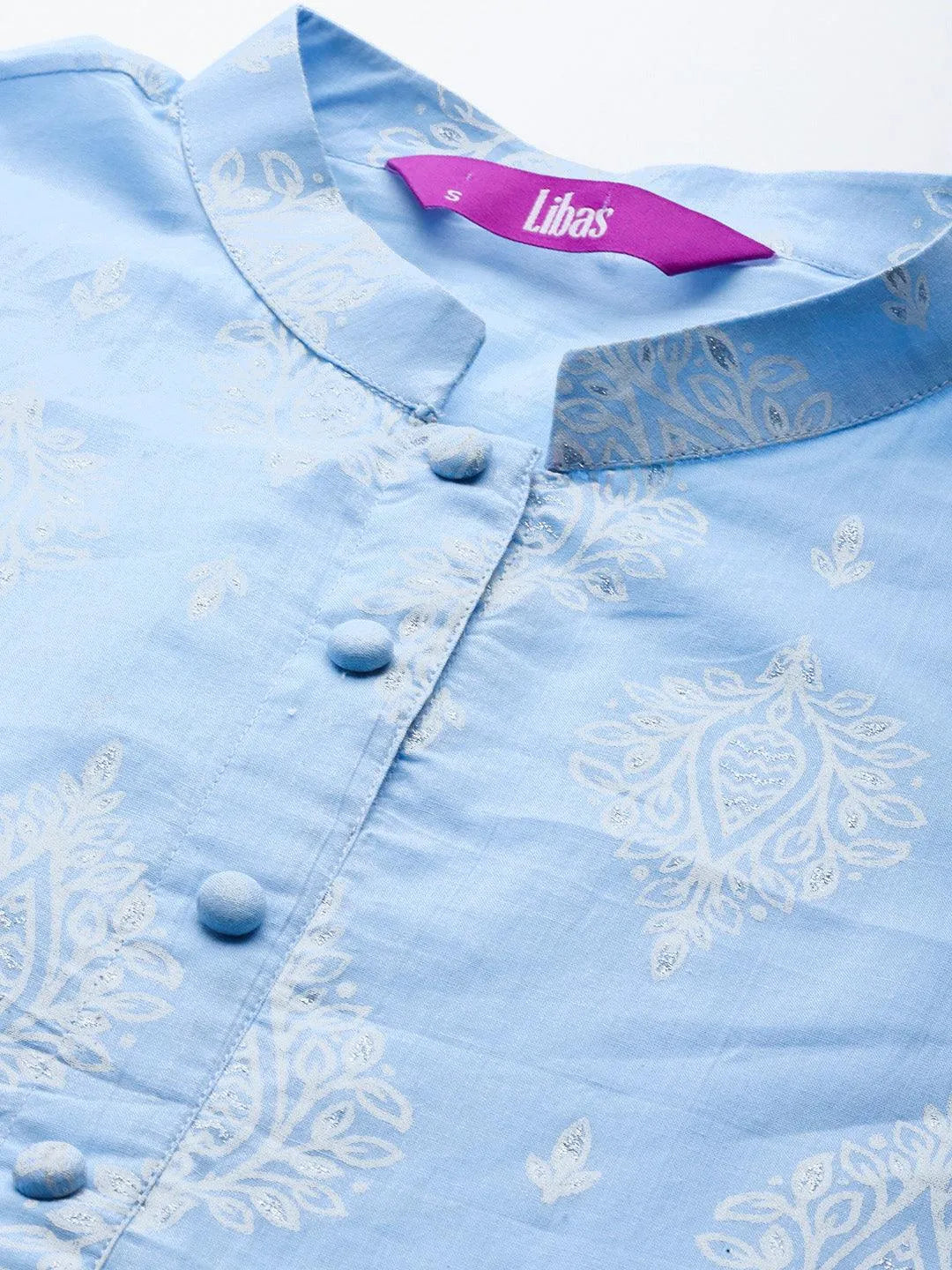 Blue Printed Cotton A-Line Kurti - Libas 