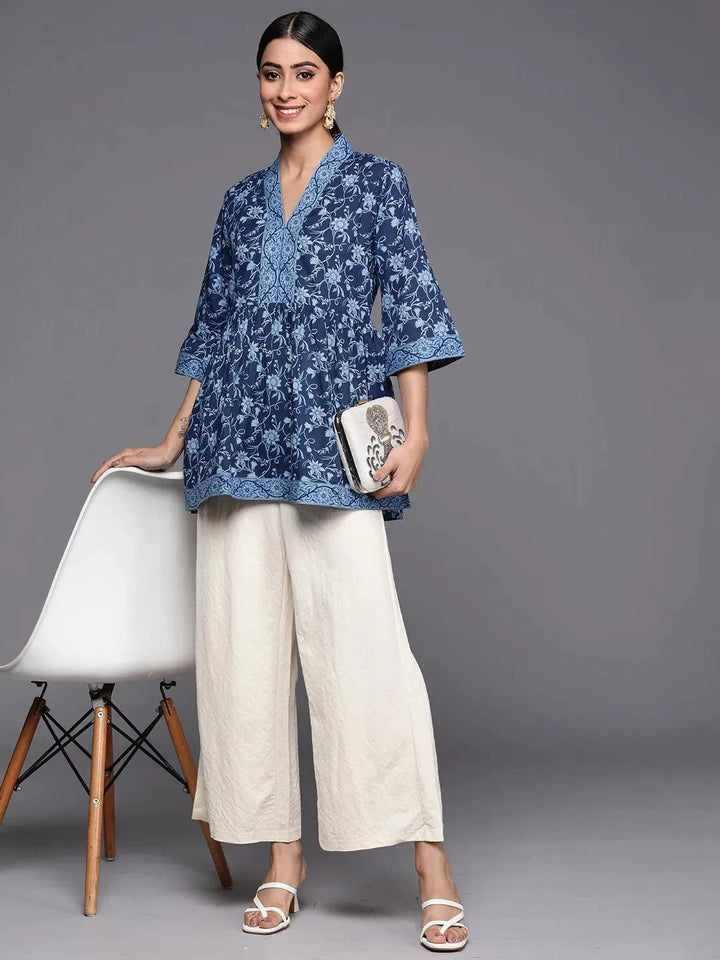 Blue Printed Cotton A-Line Kurti - Libas