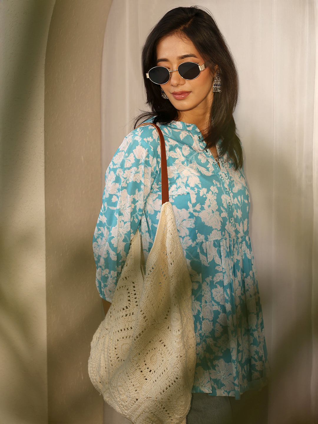 libas Blue Printed Cotton A-Line Short Kurti-picture-40