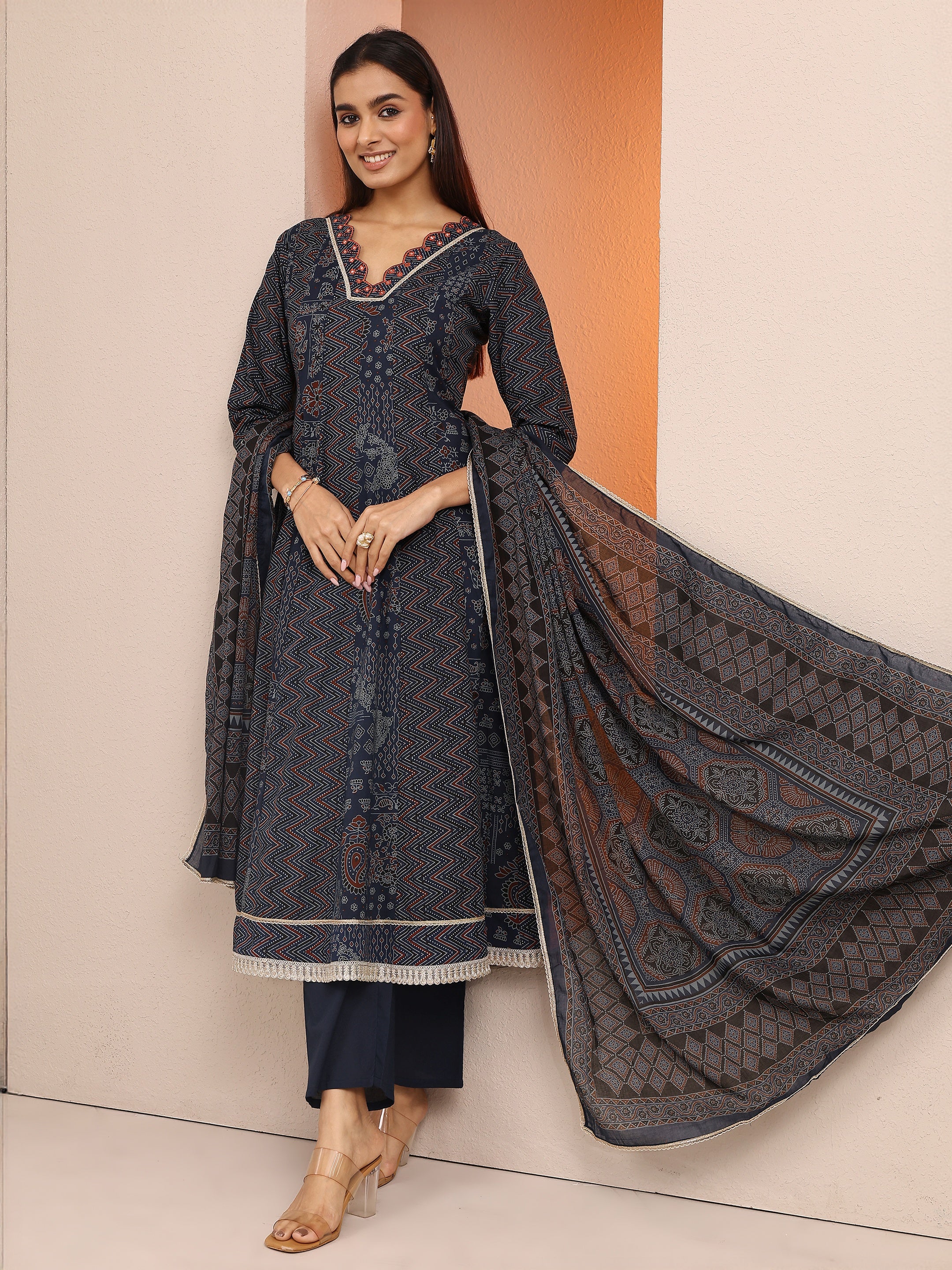 libas Blue Printed Cotton A-line Suit Set With Dupatta-picture-34