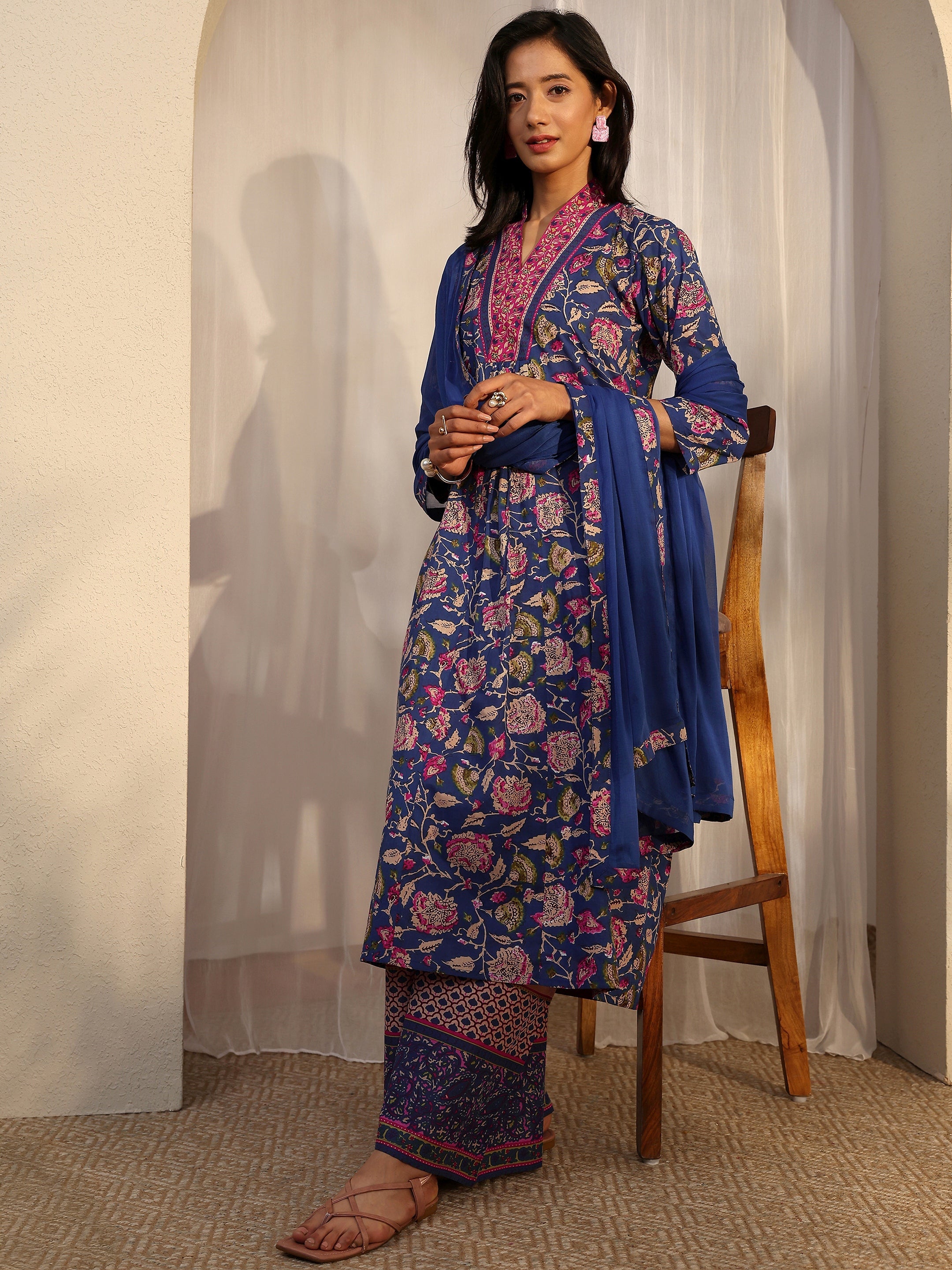 libas Blue Printed Cotton A-Line Suit Set With Dupatta-picture-35