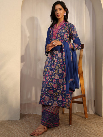 Blue Printed Cotton A-Line Suit Set With Dupatta