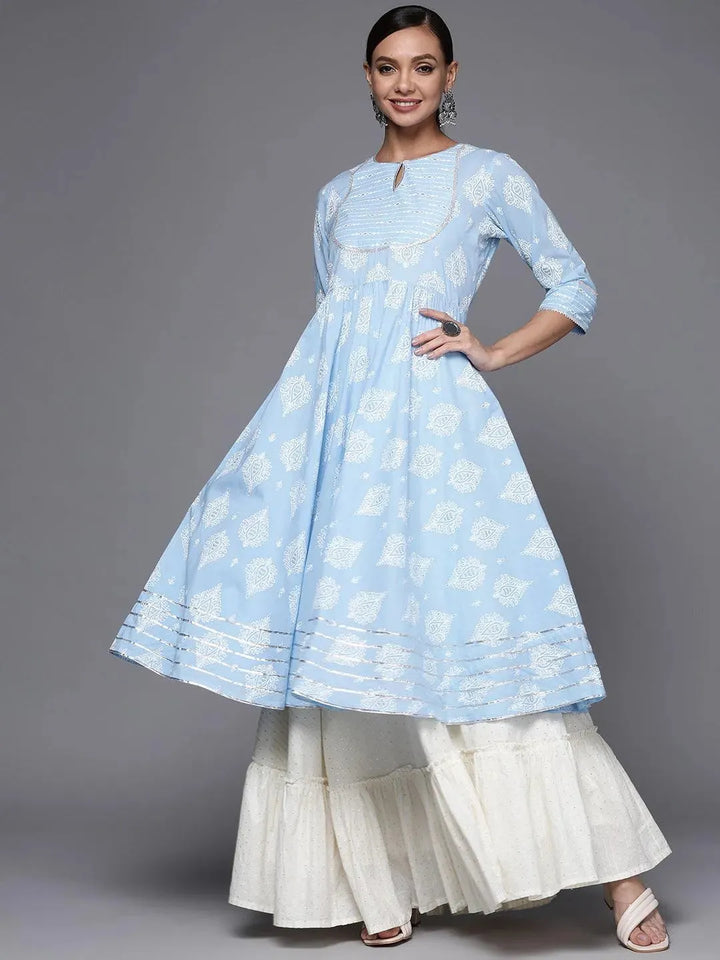 Blue Printed Cotton Anarkali Kurta - Libas