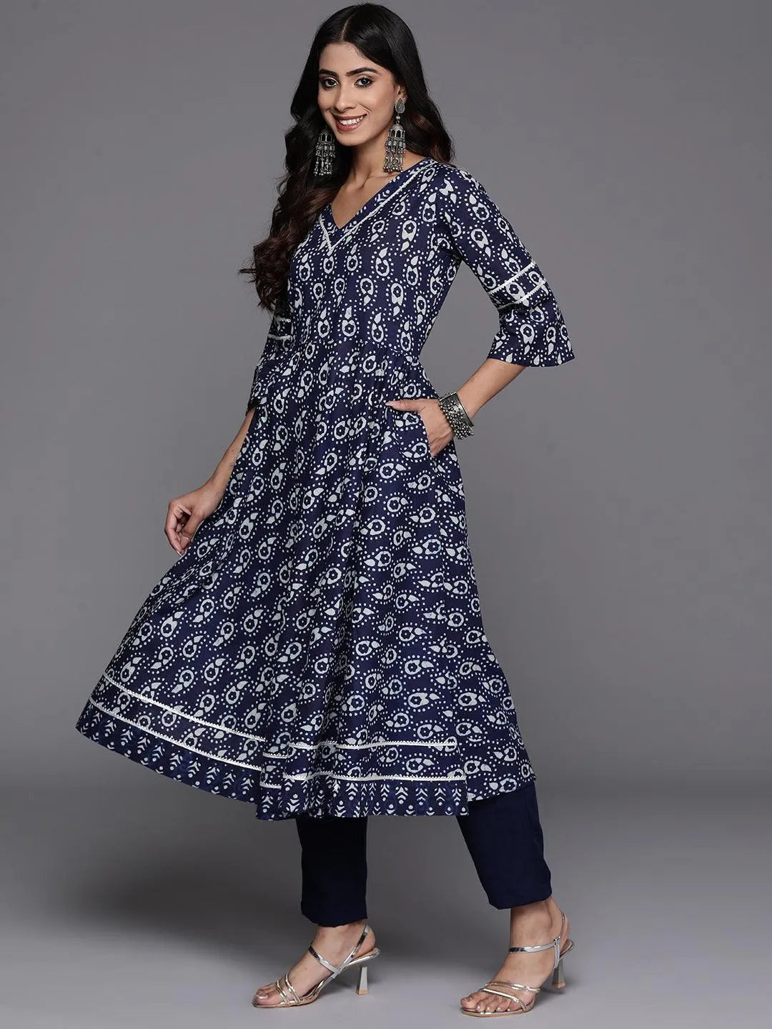 Blue Printed Cotton Anarkali Kurta - Libas 