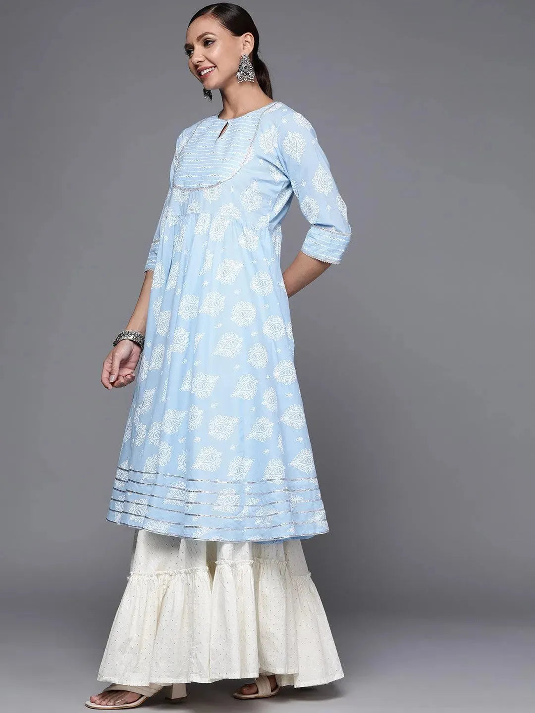 Blue Printed Cotton Anarkali Kurta - Libas