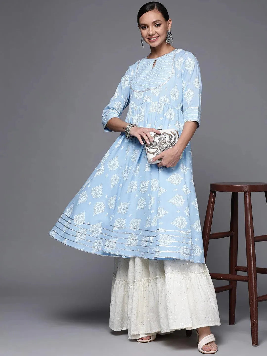 Blue Printed Cotton Anarkali Kurta - Libas