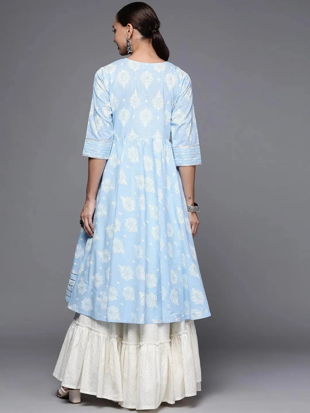 Blue Printed Cotton Anarkali Kurta - Libas