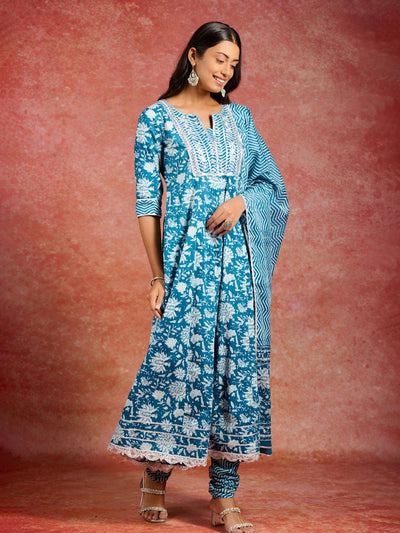 Blue Printed Cotton Anarkali Kurta With Churidar & Dupatta - Libas