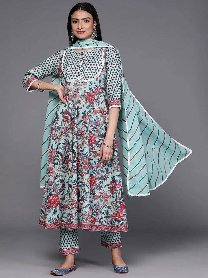 Blue Printed Cotton Suit Set - Libas