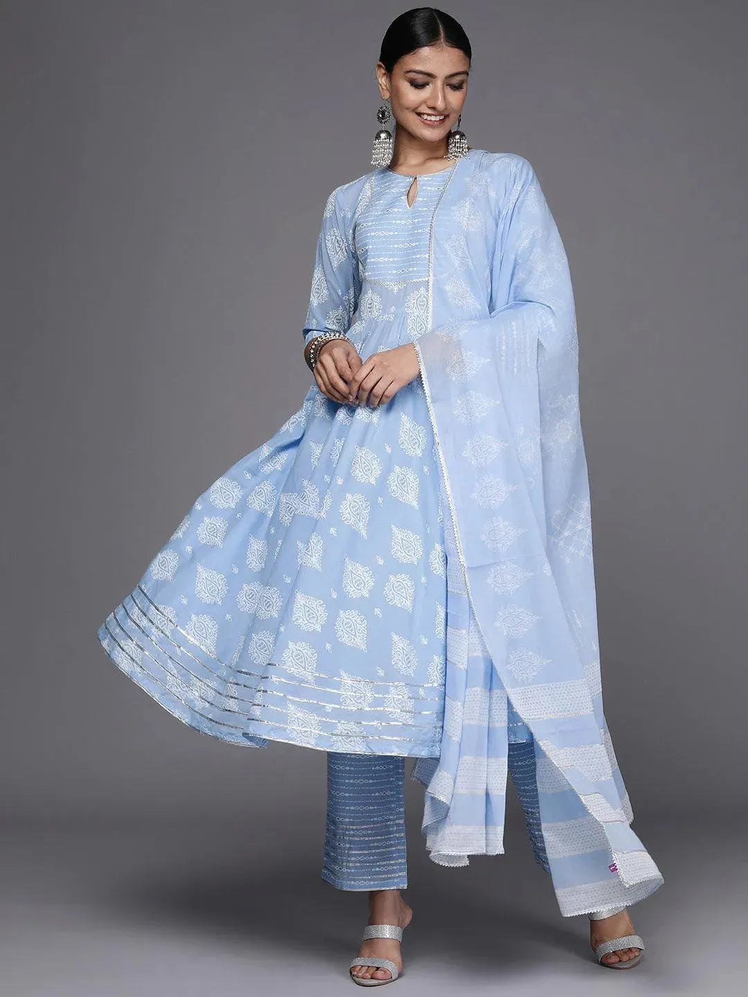 Blue Printed Cotton Anarkali Suit Set - Libas