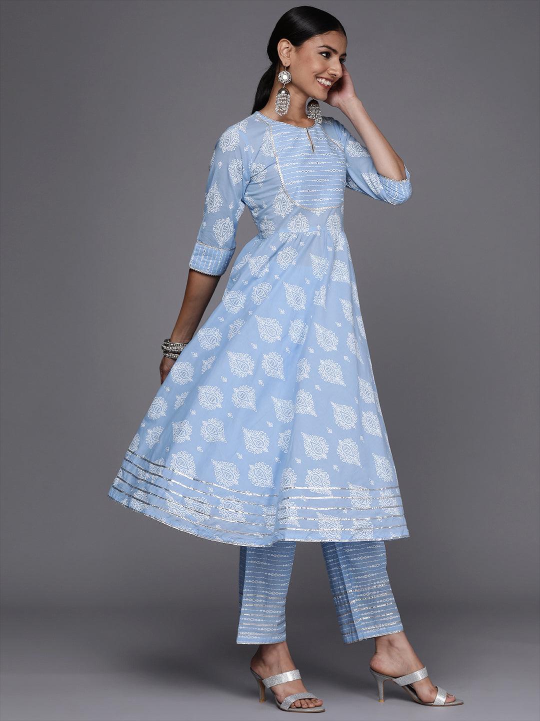 Blue Printed Cotton Anarkali Suit Set - Libas